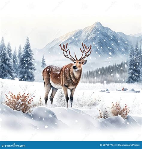 Winter Landscape with Deer in the Snowy Forest. Digital Art Painting ...