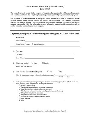 Fillable Online Sjsu Intern Participant Form Consent Form San Jose