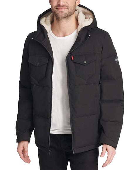 Levis Mens Quilted Mix Media Puffer Jacket With Fleece Lined Hood