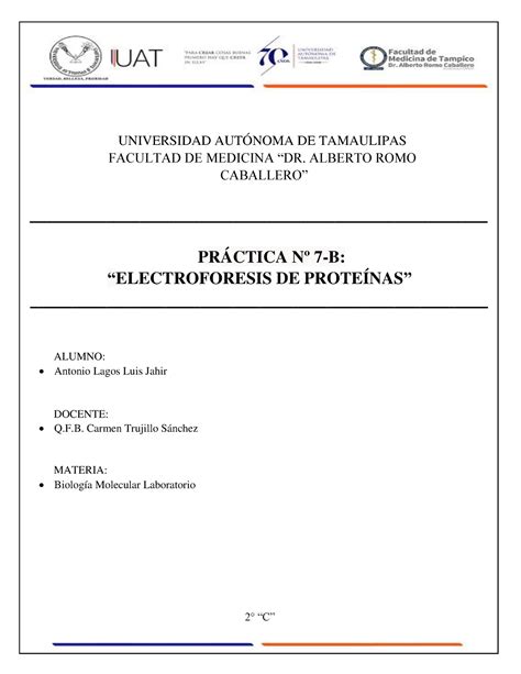 Práctica 7 B Electroforesis DE Proteínas UNIVERSIDAD AUTÓNOMA DE