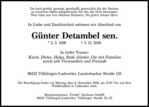 Traueranzeigen von Günter Detambel sen Saarbruecker Zeitung Trauer de