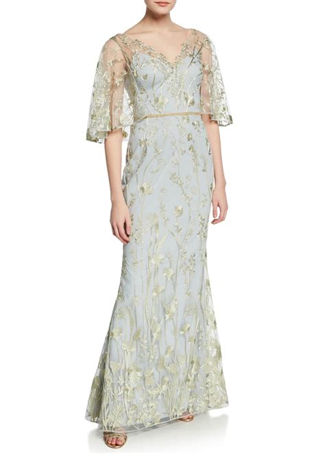 Marchesa Notte Synthetic Floral Embroidered V Neck Mermaid Gown With