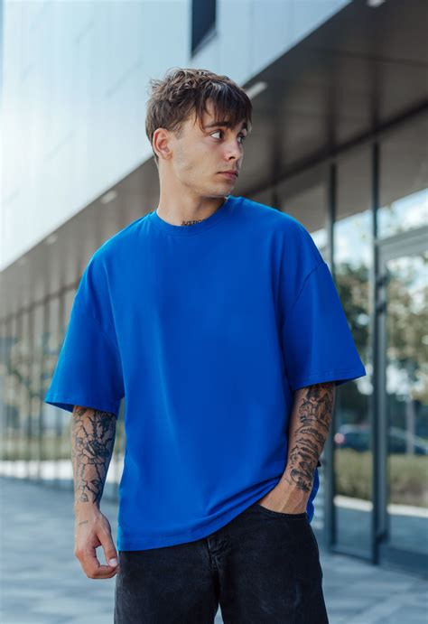 Футболка чоловіча Staff blue oversize синя однотонна бавовняна недорога ...