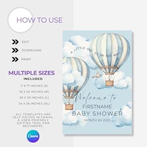 Hot Air Balloon Baby Shower Welcome Sign Editable Template Etsy