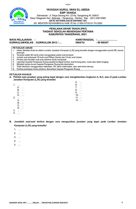 Kop Soal Pat 2021 Kop Soal Pat 2021 ~ 1 ~ Yayasan Nurul Iman El Abida Smp Yanida Sekretariat