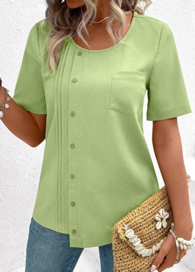 Rotita Button Light Green Round Neck Short Sleeve Blouse