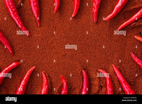 Chili Red Hot Pepper Concept Of Popular Spice Sharp Red Chili Peppers On Brown Background