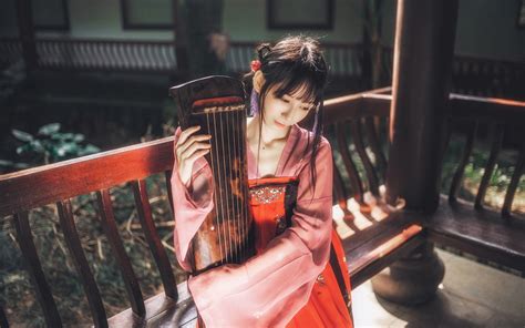 Papel de parede hanfu Vestido chinês Chinese zither Asiático