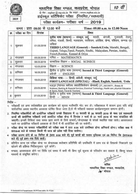 Mpbse Class 10 Time Table 2019 Mp Board Ssc Time Table State Boards Ncert Books Solutions