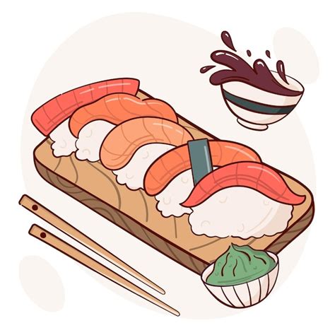 Zeichnen Sie Nigiri Sushi Rollen Vektorillustration Japanische