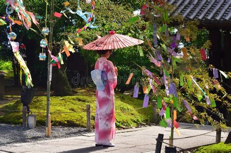 A Girl In Kimono Dress At Tanabata Festival Temple Kyoto Japan