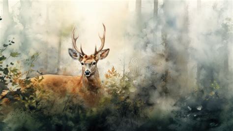 Majestic Stag In Misty Forest Watercolor Artwork Wall Art Wallpaper