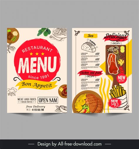 Meat And Chips Restaurant Menu Template Classical Design Vectors Images