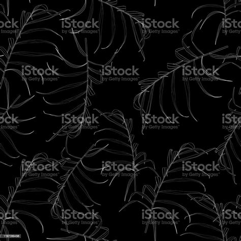 Palm Line Leaves On The Black Background Seamless Pattern With Tropical