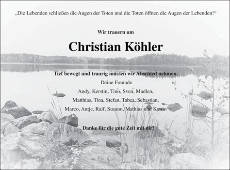 Traueranzeigen Von Christian K Hler Trauer Nordkurier