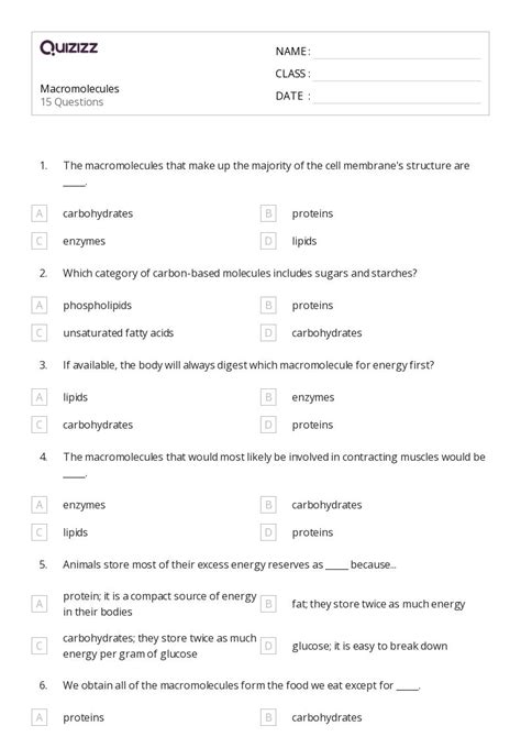 50 Macromolecules Worksheets For 9th Grade On Quizizz Free Printable