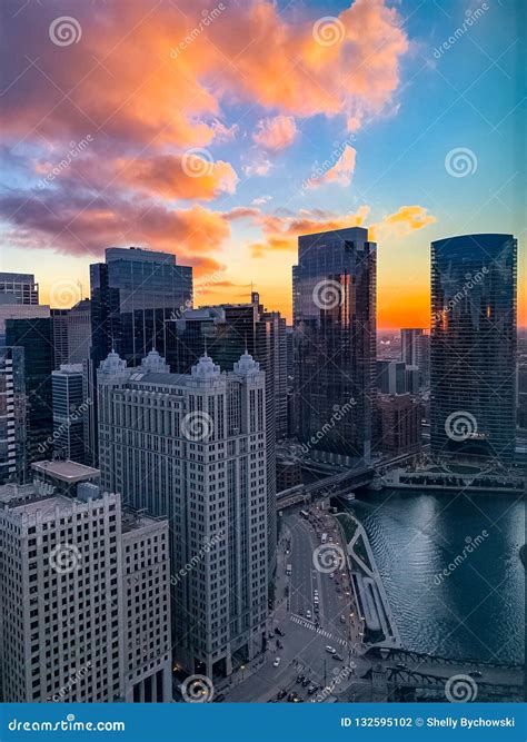 Autumn Sunset Over the Chicago River in the Downtown Loop Stock Photo ...