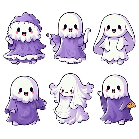 Halloween Ghost In Cute Kawaii Style Funny Smiling Samhain Ghosts Set