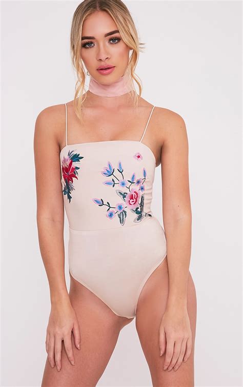 Gracena Nude Floral Embroidered Sleeveless Thong Bodysuit