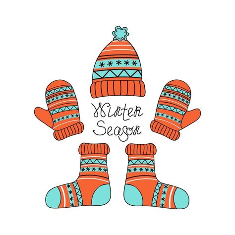 Warm Cozy Knitted Clothes Autumn Winter Season Icon Set Of Mittens Socks And Hat With