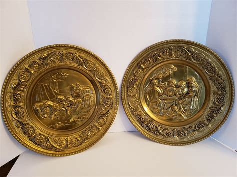 Vintage Brass Embossed Wall Plates Plaques Decor Large Made