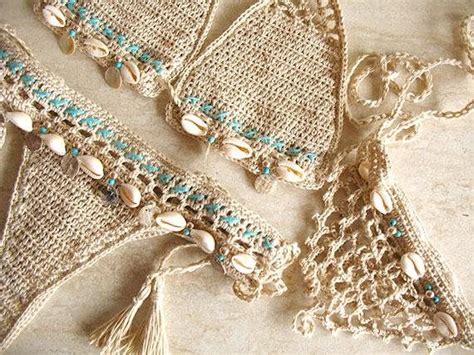 Sandali Bikini A Conchiglia All Uncinetto E A Piedi Nudi Micro Bikini Top All Uncinetto Fondo