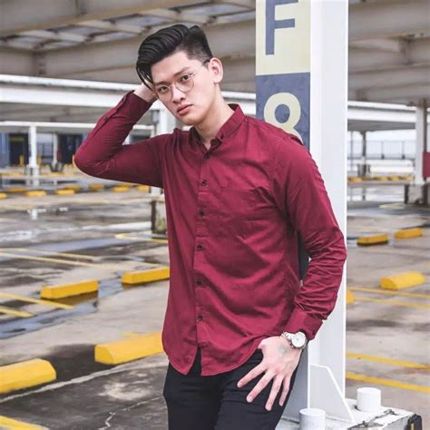 Jual Baju Kemeja Pria Lengan Panjang Merah Maroon Dewasa Over Size