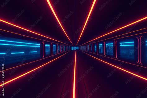 Abstract Sci Fi Futuristic Hallway Dark Room In Space Station With