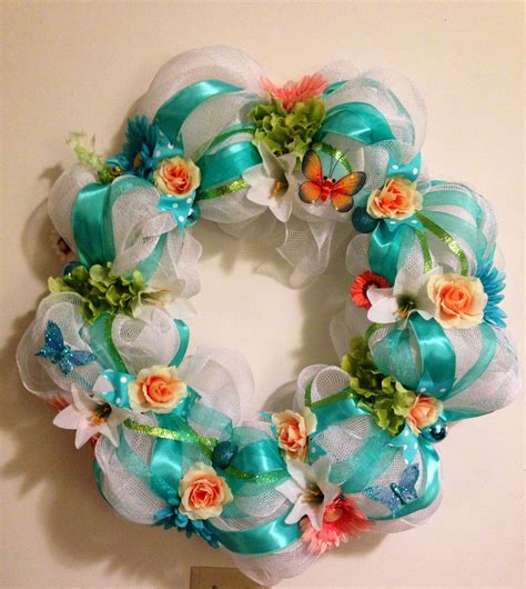 White Teal And Peach Mesh Wreath Wreaths Mesh Wreaths Hanukkah Wreath