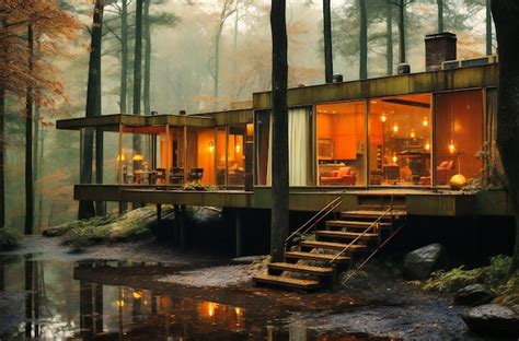 Premium AI Image | large wood cabin sits in the middle of an autumn forest