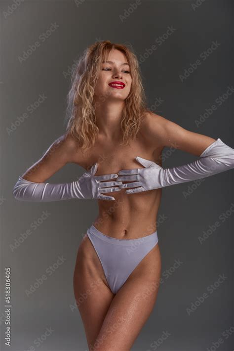 A Beautiful Half Naked Woman Covering Chest With Long White Gloved Hands Topless Sexy Blonde