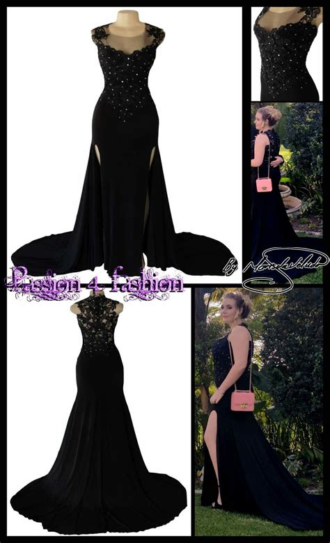 Black Lace Bodice Long Matric Dance Dress With 2 High Slits And A Train Bodice Detailed In