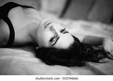 Portrait Beautiful Sexy Brunette Black Lingerie Stock Photo