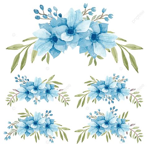 Aquarela Pintada à Mão Anêmona Azul Buquê De Flores Conjunto PNG