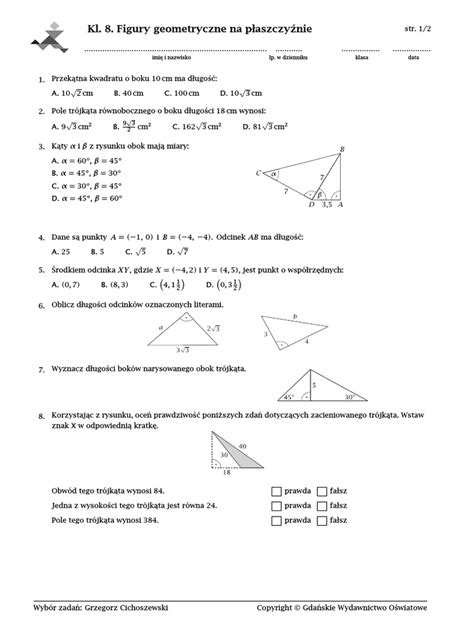 8 Sprawdzian Figury Geometryczne Na Płaszczyźnie Pdf