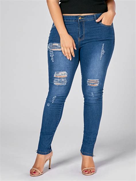 Denim Blue 2xl Plus Size Zip Leg Ripped Skinny Jeans RoseGal