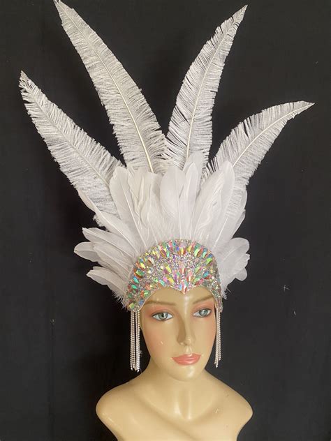 White Crystal Carnival Feather Headdress Other Colors Etsy Tocado