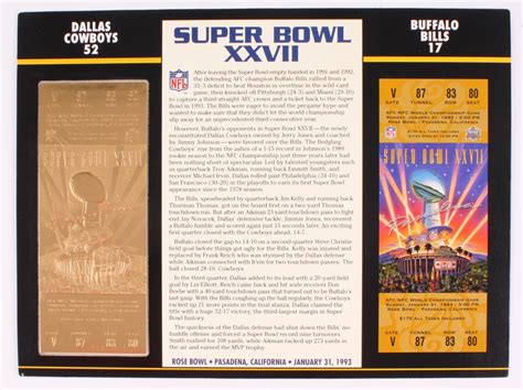 Commemorative Super Bowl Xxvii Score Card With Kt Gold Ticket Dallas