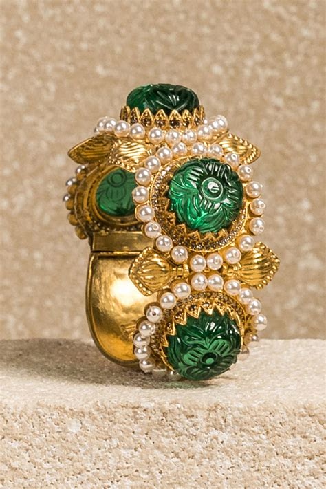 Buy Emerald Green Fresh Water Pearls Carved Cabochon French Kada By