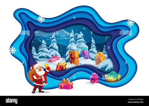 Christmas Papercut Cartoon Santa With Gifts In Snow Forest Vector