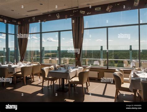 The interior of the restaurant in the building of Snow Arena - indoor ski slope, Druskininkai ...