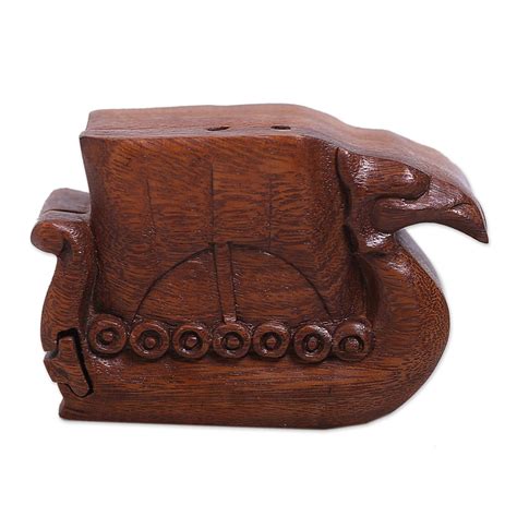 Unicef Market Hand Carved Suar Wood Puzzle Box Swan Ship