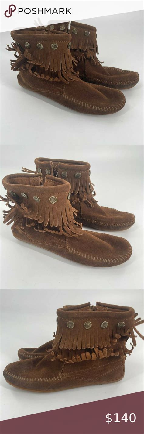 Minnetonka Double Fringe Side Zipper Boots Moccasin Womens Taupe Suede