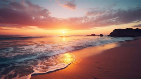 Premium Ai Image A Tranquil Beach At Sunset With Waves Lapping Gently