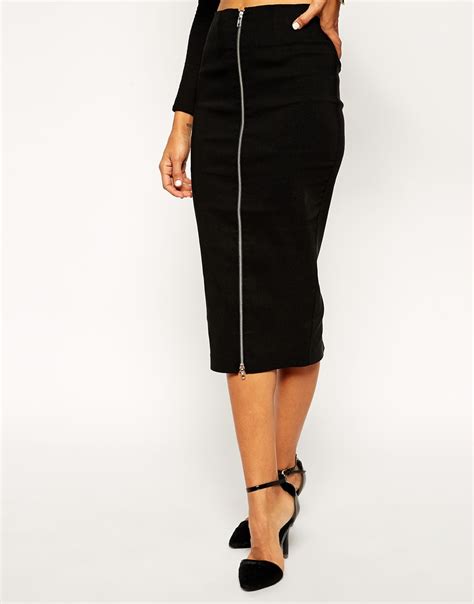 Asos Midi Pencil Skirt With Zip Front In Black Lyst