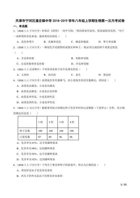 【精品解析】天津市宁河区潘庄镇中学2018 2019学年八年级上学期生物第一次月考试卷 21世纪教育网