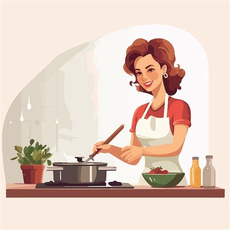 Mulher cozinhando na cozinha Vector de ilustração vetor Premium