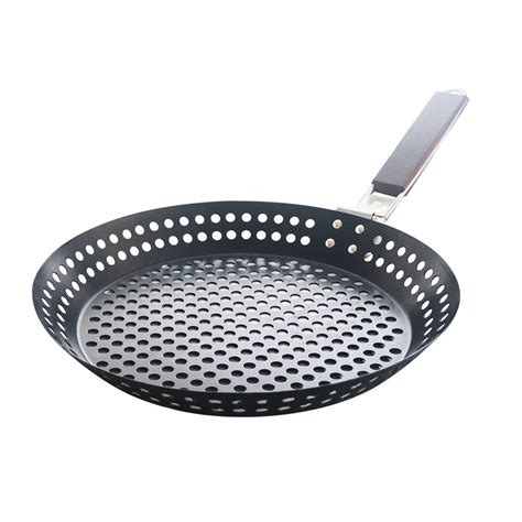 Anself Non Stick Metal Grilling Skillet With Folding Wooden Handle Grill Skillet Pan With Holes