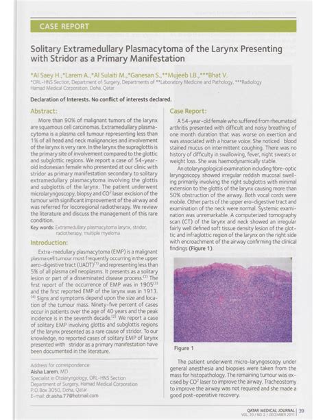 Pdf Solitary Extramedullary Plasmacytoma Of The Larynx Presenting