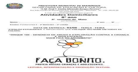 Atividades Domiciliares Ano Mairinque Sp Gov Br Pdf Document